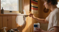 A Basically All-Wood Paneled '70s Bathroom Got an Americana Folk Makeover